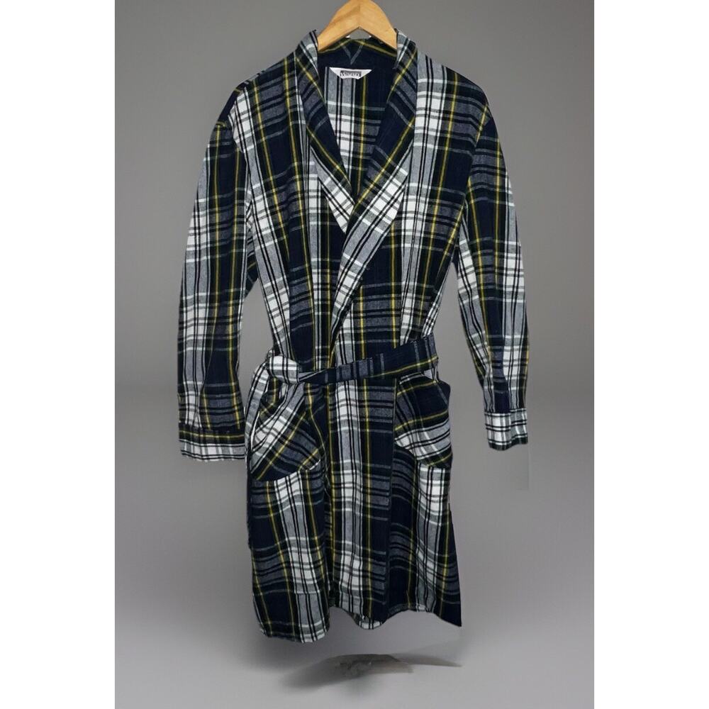 Vtg Montgomery Ward Plaid Robe - Blue Yellow White - Pockets Belt Snap - Sz M/L